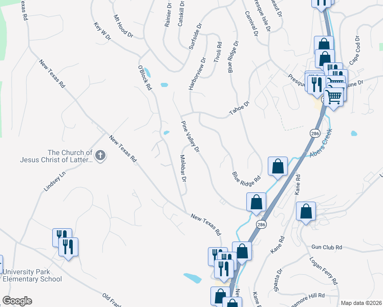 map of restaurants, bars, coffee shops, grocery stores, and more near 502 Malabar Drive in Pittsburgh