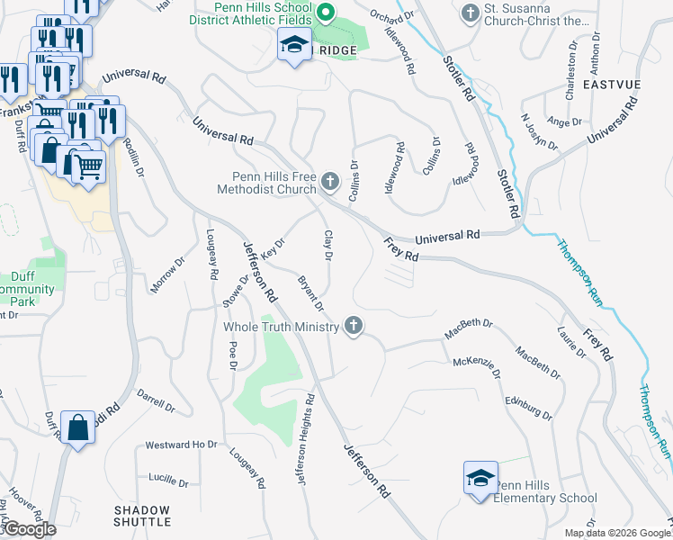 map of restaurants, bars, coffee shops, grocery stores, and more near 150 Clay Drive in Pittsburgh