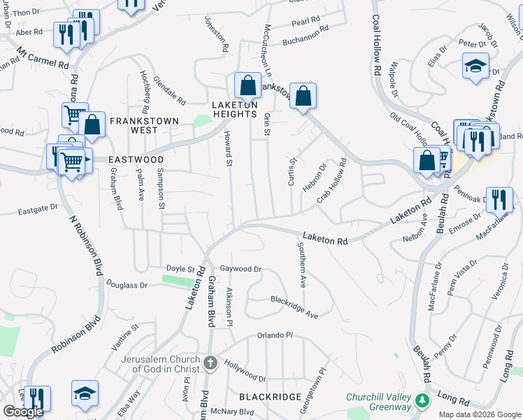 map of restaurants, bars, coffee shops, grocery stores, and more near 285 Evaline Street in Penn Hills