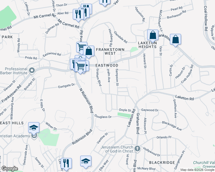 map of restaurants, bars, coffee shops, grocery stores, and more near 2068 Palm Avenue in Pittsburgh