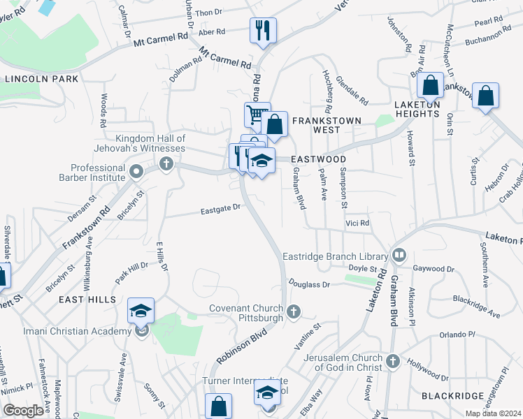 map of restaurants, bars, coffee shops, grocery stores, and more near 2917 Gilmore Avenue in Pittsburgh
