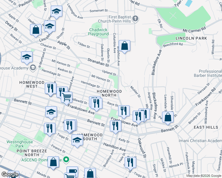 map of restaurants, bars, coffee shops, grocery stores, and more near 1209 Pineridge Street in Pittsburgh