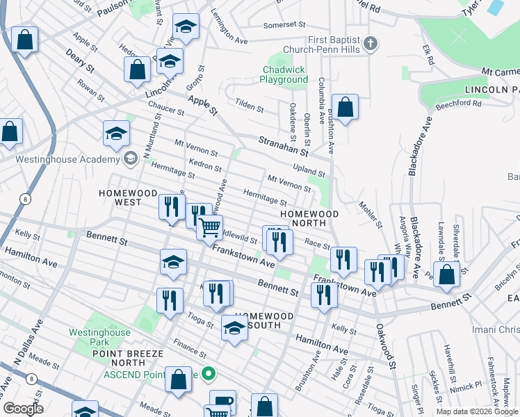 map of restaurants, bars, coffee shops, grocery stores, and more near 7306 Hermitage Street in Pittsburgh