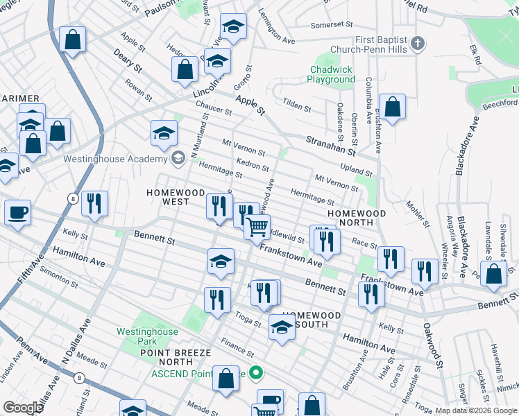 map of restaurants, bars, coffee shops, grocery stores, and more near 7148 Monticello Street in Pittsburgh