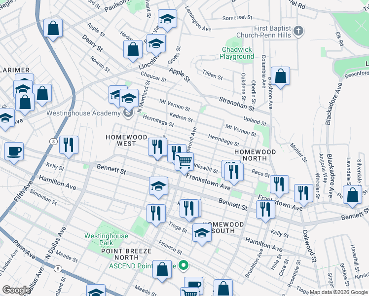 map of restaurants, bars, coffee shops, grocery stores, and more near 7148 Monticello Street in Pittsburgh