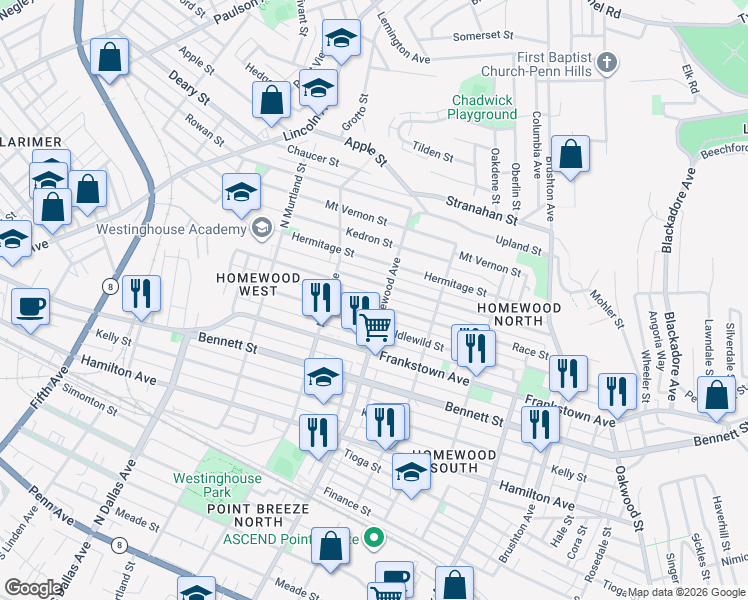 map of restaurants, bars, coffee shops, grocery stores, and more near 7148 Monticello Street in Pittsburgh