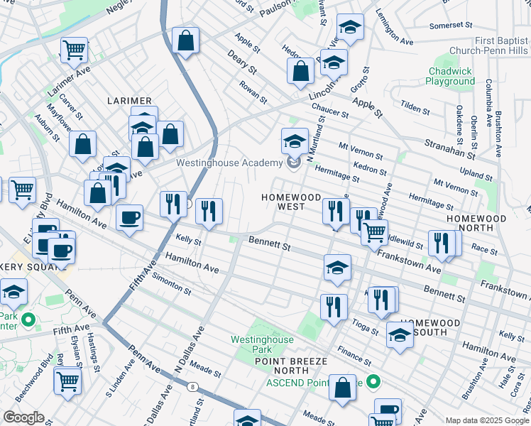 map of restaurants, bars, coffee shops, grocery stores, and more near 919 Gerritt Street in Pittsburgh
