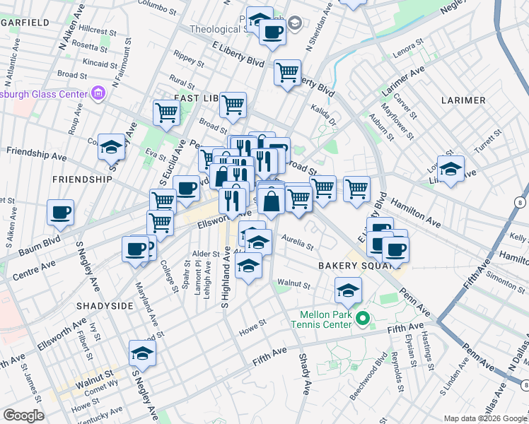 map of restaurants, bars, coffee shops, grocery stores, and more near in Pittsburgh
