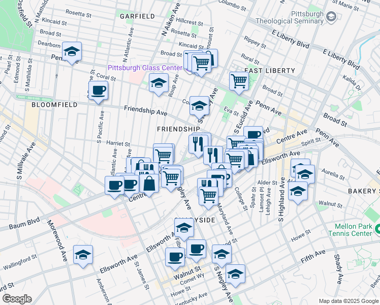 map of restaurants, bars, coffee shops, grocery stores, and more near 358 South Negley Avenue in Pittsburgh