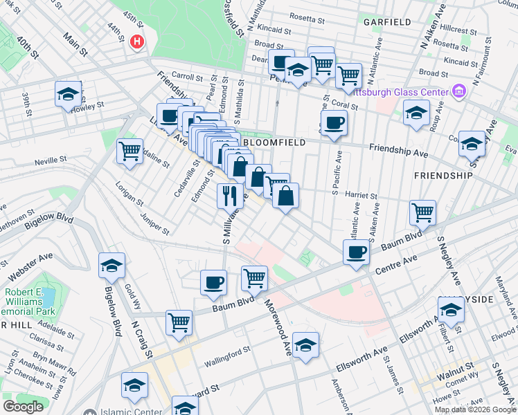 map of restaurants, bars, coffee shops, grocery stores, and more near 4914 Liberty Avenue in Pittsburgh