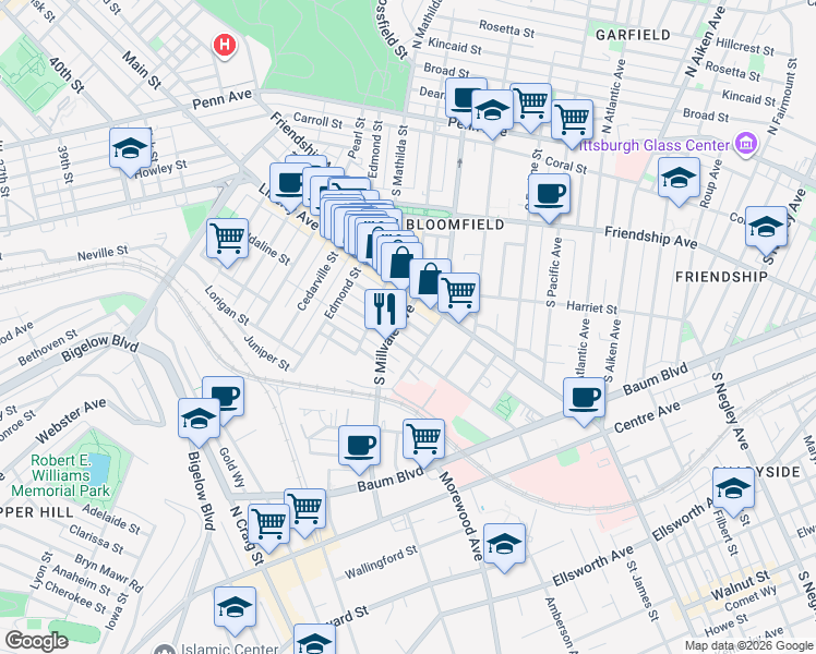 map of restaurants, bars, coffee shops, grocery stores, and more near 4816 Sciota Street in Pittsburgh