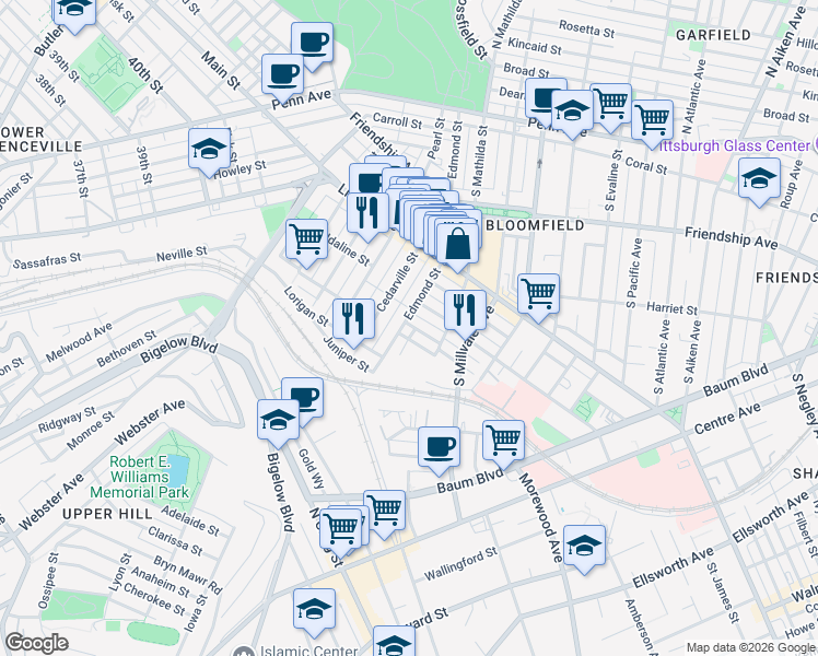 map of restaurants, bars, coffee shops, grocery stores, and more near 427 State Way in Pittsburgh