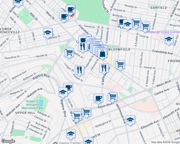 map of restaurants, bars, coffee shops, grocery stores, and more near 427 State Way in Pittsburgh