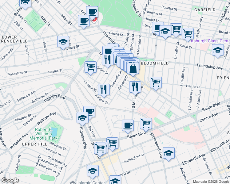 map of restaurants, bars, coffee shops, grocery stores, and more near 427 State Way in Pittsburgh