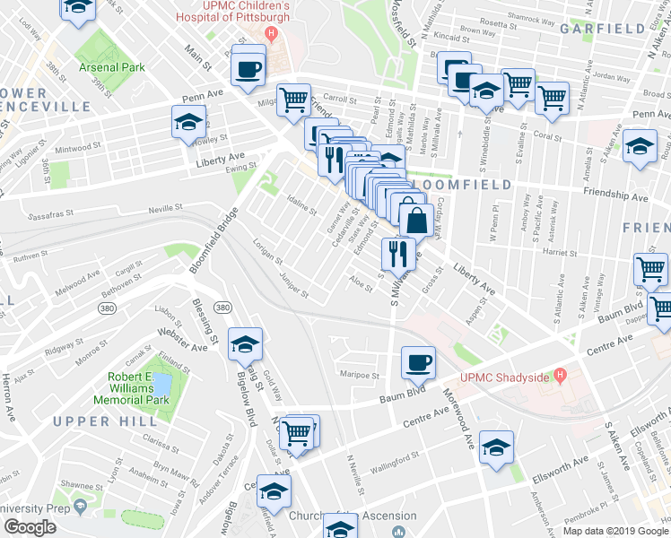 map of restaurants, bars, coffee shops, grocery stores, and more near 427 State Way in Pittsburgh