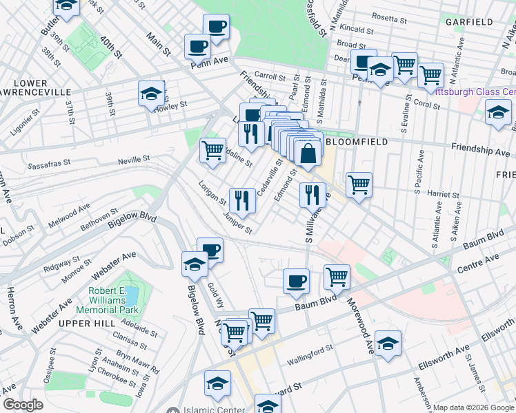 map of restaurants, bars, coffee shops, grocery stores, and more near 427 State Way in Pittsburgh