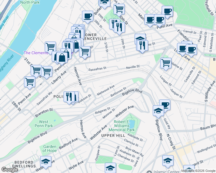 map of restaurants, bars, coffee shops, grocery stores, and more near 3443 Flavian Street in Pittsburgh