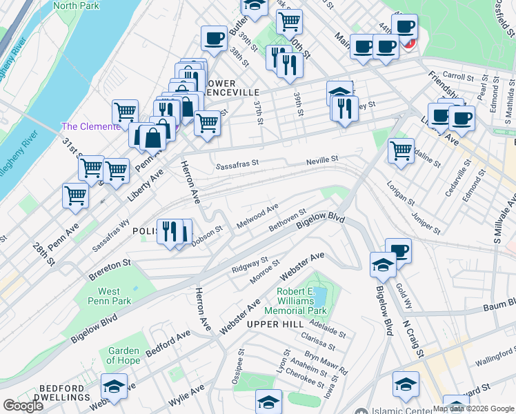 map of restaurants, bars, coffee shops, grocery stores, and more near 3443 Flavian Street in Pittsburgh