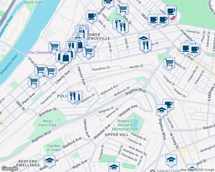 map of restaurants, bars, coffee shops, grocery stores, and more near 3443 Flavian Street in Pittsburgh