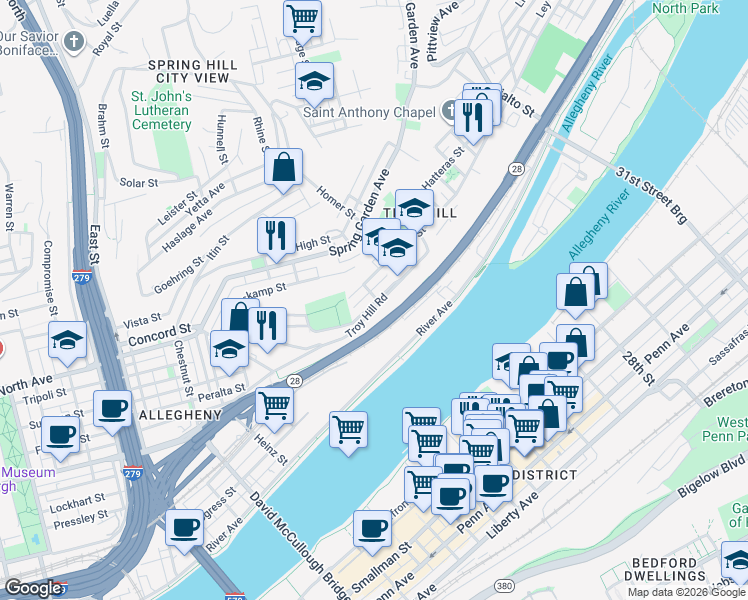 map of restaurants, bars, coffee shops, grocery stores, and more near 1321 Lowrie Street in Pittsburgh