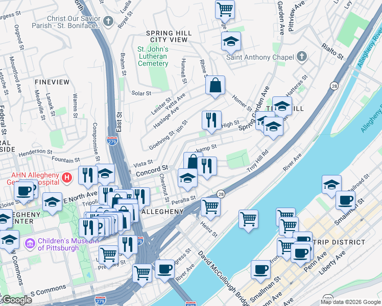 map of restaurants, bars, coffee shops, grocery stores, and more near 1061 Spring Garden Avenue in Pittsburgh