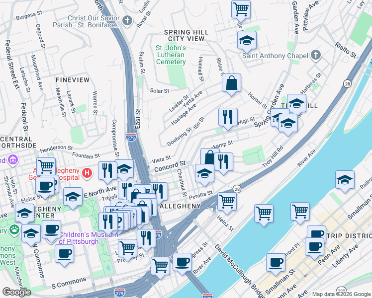 map of restaurants, bars, coffee shops, grocery stores, and more near 946 Itin Street in Pittsburgh