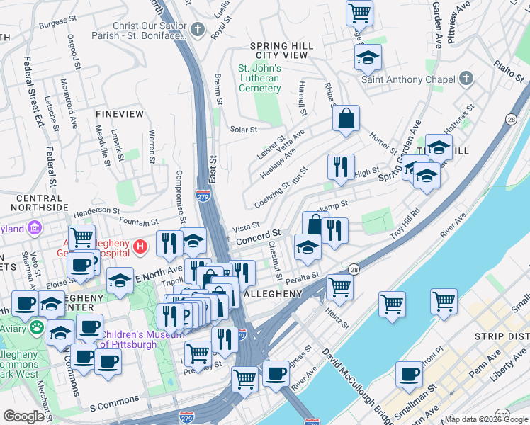 map of restaurants, bars, coffee shops, grocery stores, and more near 908 Goehring Street in Pittsburgh