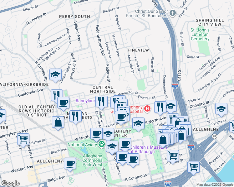 map of restaurants, bars, coffee shops, grocery stores, and more near in Pittsburgh