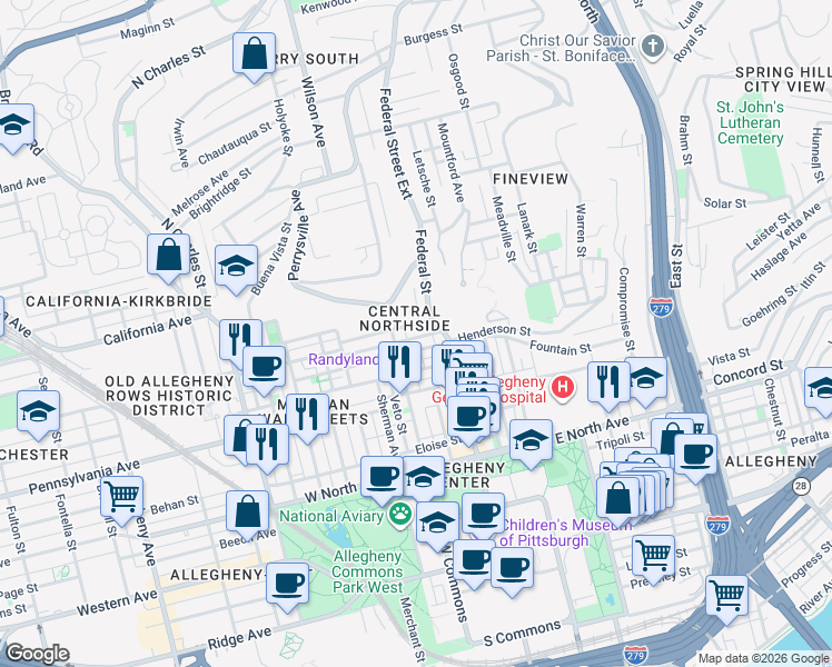map of restaurants, bars, coffee shops, grocery stores, and more near 100 Jefferson Street in Pittsburgh