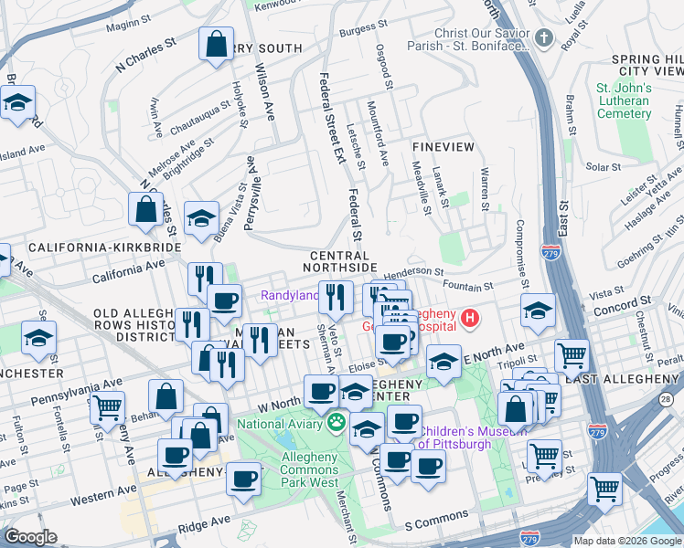 map of restaurants, bars, coffee shops, grocery stores, and more near 202 Jefferson Street in Pittsburgh