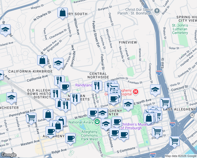 map of restaurants, bars, coffee shops, grocery stores, and more near 202 Jefferson Street in Pittsburgh