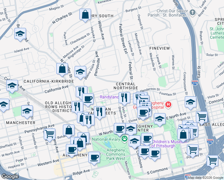 map of restaurants, bars, coffee shops, grocery stores, and more near 240 Jefferson Street in Pittsburgh