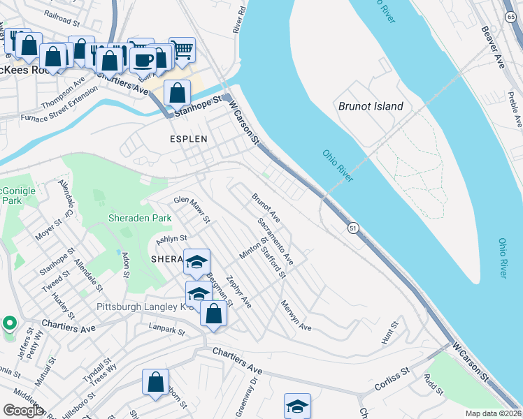 map of restaurants, bars, coffee shops, grocery stores, and more near 3113 Brunot Avenue in Pittsburgh