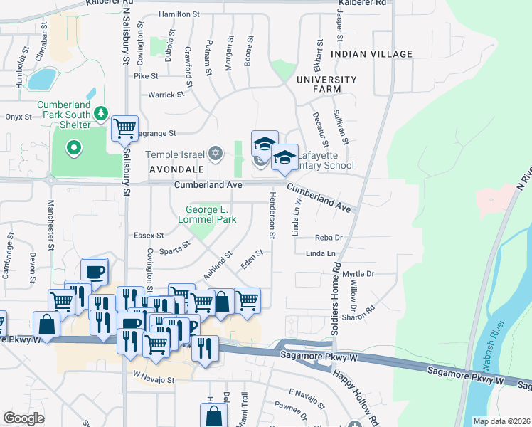 map of restaurants, bars, coffee shops, grocery stores, and more near 601-607 Essex St in West Lafayette