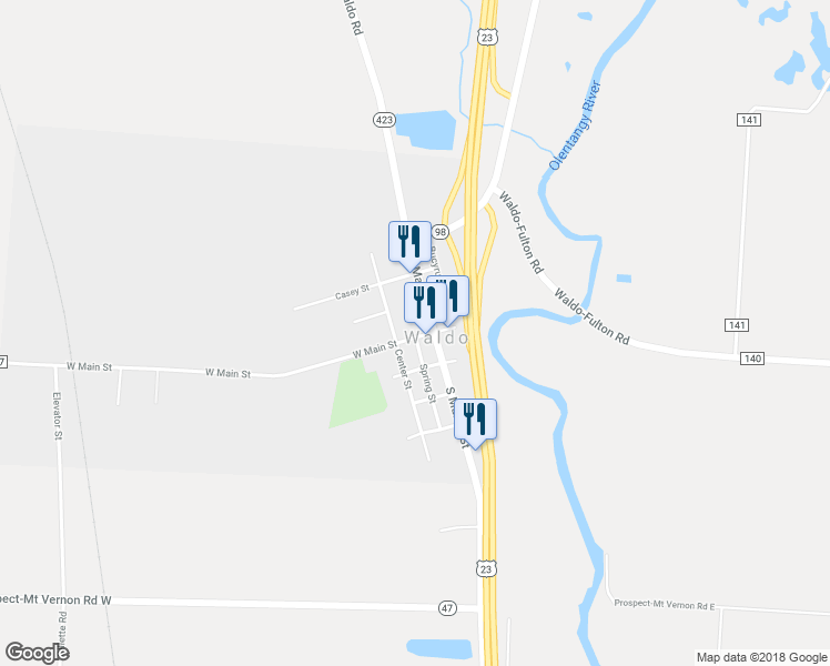 map of restaurants, bars, coffee shops, grocery stores, and more near 136 Casey Street in Waldo