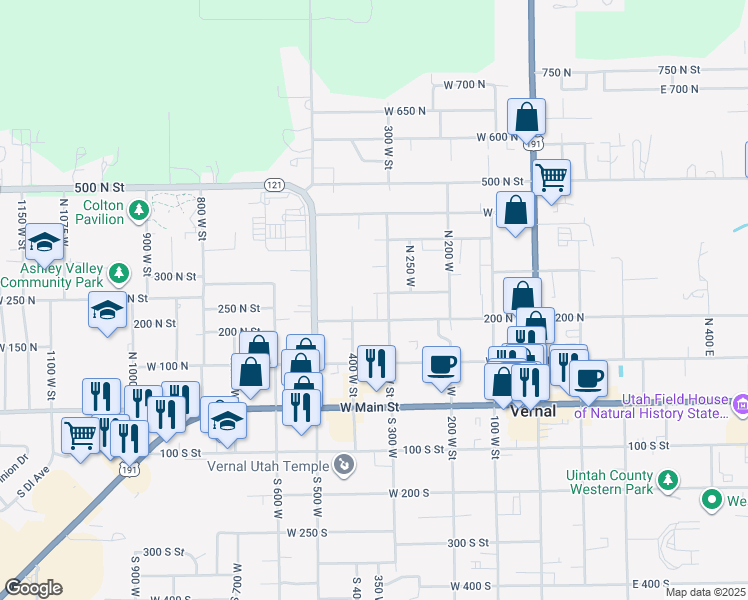 map of restaurants, bars, coffee shops, grocery stores, and more near 339 West 250 North in Vernal