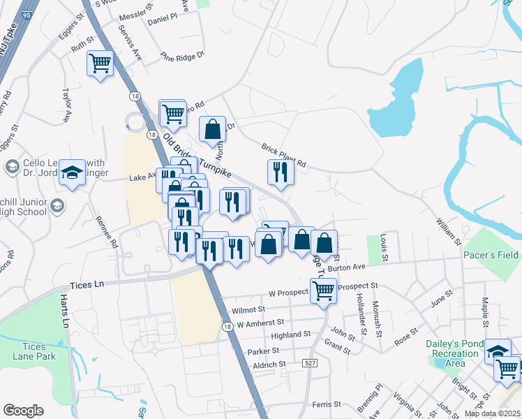 map of restaurants, bars, coffee shops, grocery stores, and more near 527 Old Bridge Turnpike in East Brunswick