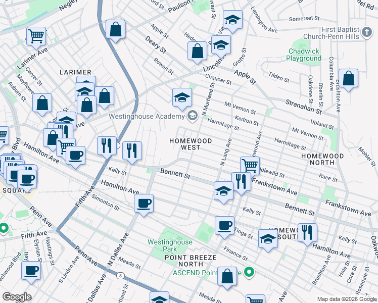 map of restaurants, bars, coffee shops, grocery stores, and more near 915 North Murtland Street in Pittsburgh