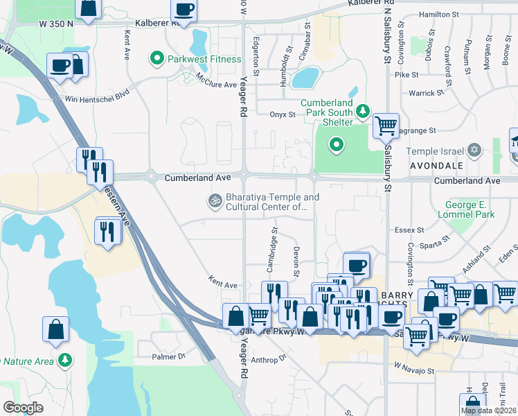 map of restaurants, bars, coffee shops, grocery stores, and more near 2907 Browning Street in West Lafayette