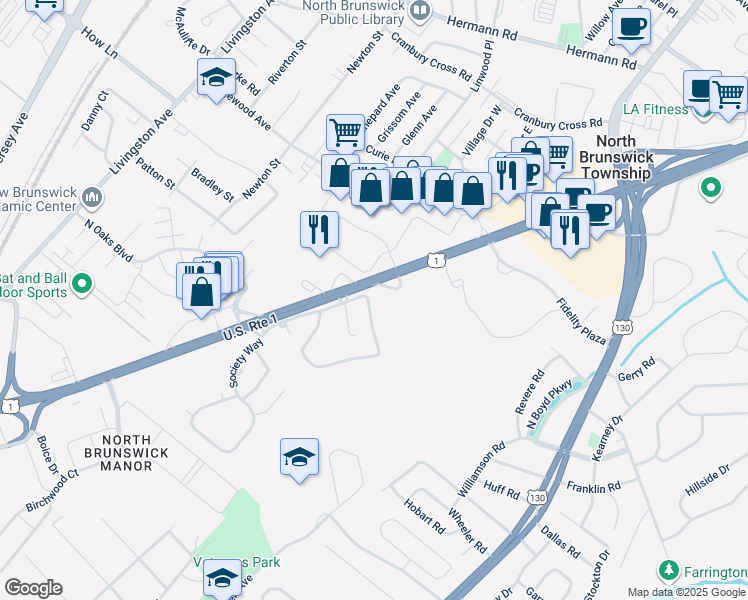 map of restaurants, bars, coffee shops, grocery stores, and more near 373 Constitution Circle in North Brunswick Township