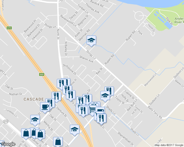 map of restaurants, bars, coffee shops, grocery stores, and more near 2861 Sorrel Street in Anderson