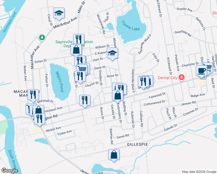 map of restaurants, bars, coffee shops, grocery stores, and more near 11 Idlewild Avenue in Sayreville