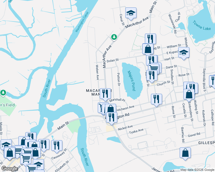 map of restaurants, bars, coffee shops, grocery stores, and more near 68 Macarthur Avenue in Sayreville