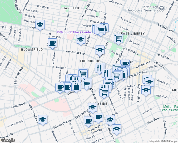 map of restaurants, bars, coffee shops, grocery stores, and more near 358 South Negley Avenue in Pittsburgh
