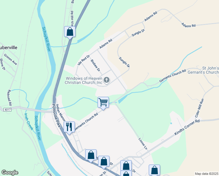 map of restaurants, bars, coffee shops, grocery stores, and more near 63 Sunglo Drive in Leesport