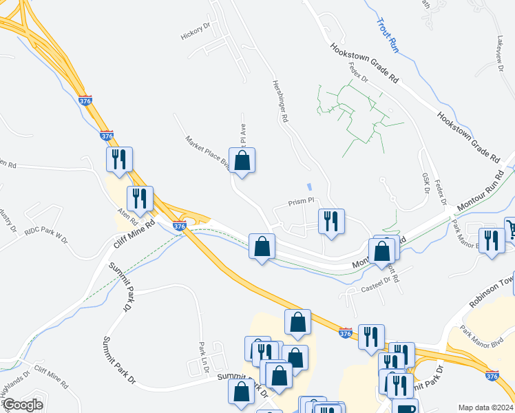 map of restaurants, bars, coffee shops, grocery stores, and more near Market Place Boulevard in Allegheny County