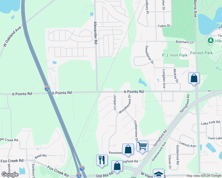 map of restaurants, bars, coffee shops, grocery stores, and more near 1515 6 Points Road in Bloomington