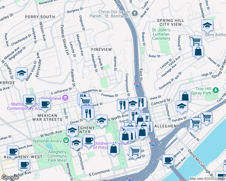 map of restaurants, bars, coffee shops, grocery stores, and more near in Pittsburgh