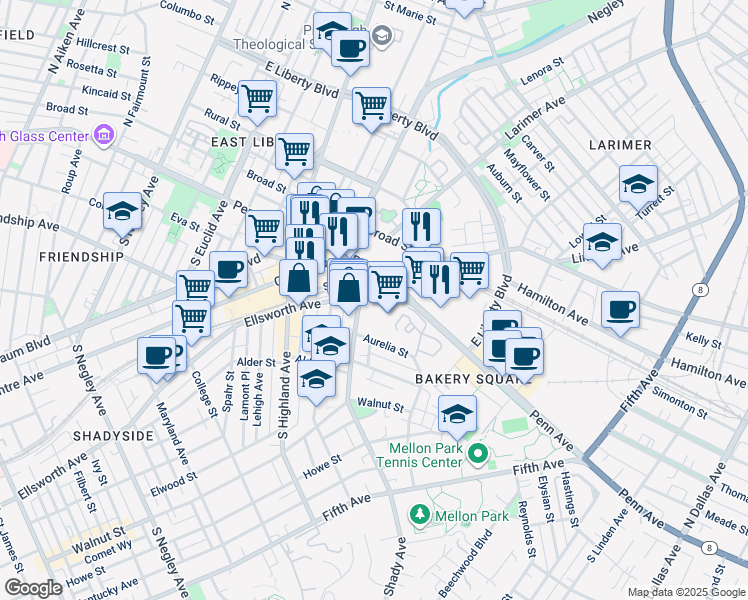 map of restaurants, bars, coffee shops, grocery stores, and more near 103 Shady Avenue in Pittsburgh