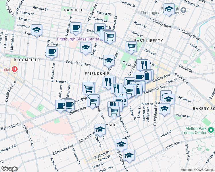 map of restaurants, bars, coffee shops, grocery stores, and more near 328 Amber Street in Pittsburgh